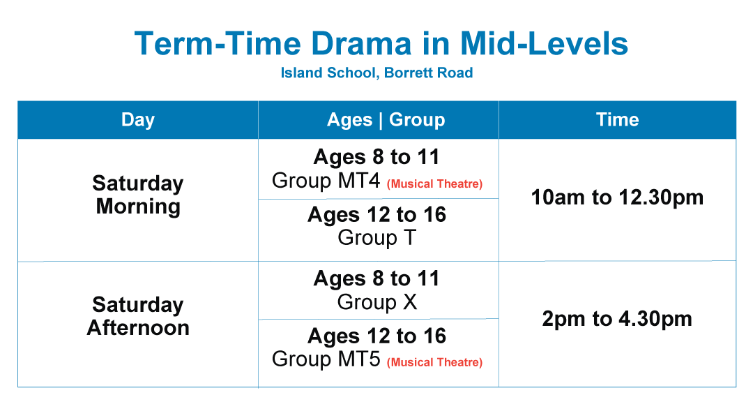Term-Time Drama workshop schedule at Island School, Mid-Levels